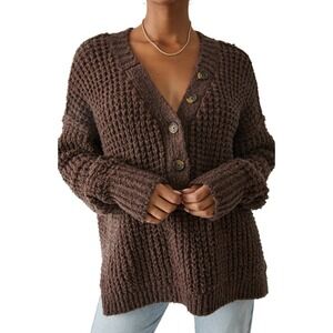Free‎ People Whistle Thermal Henley Longsleeve brown waffle knit sweater S